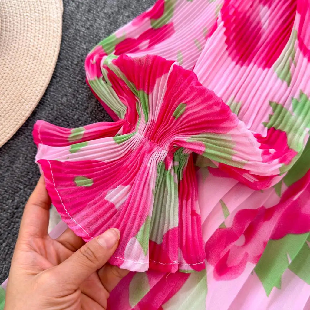 Summer Vintage Casual A-Line Floral Print Women Dress Elegant Chic Pleated Party Prom Vestidos with Belted Female Long Robe
