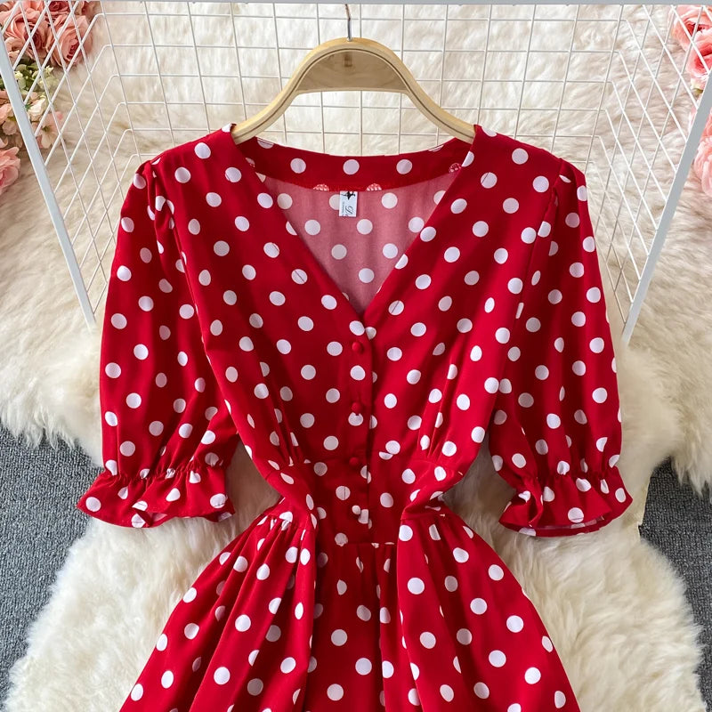 New Summer Women's Fashion Vintage Polka Dot Midi Dress Elegant and Chic A-Line Party Casual White Black Vestidos Female Robe
