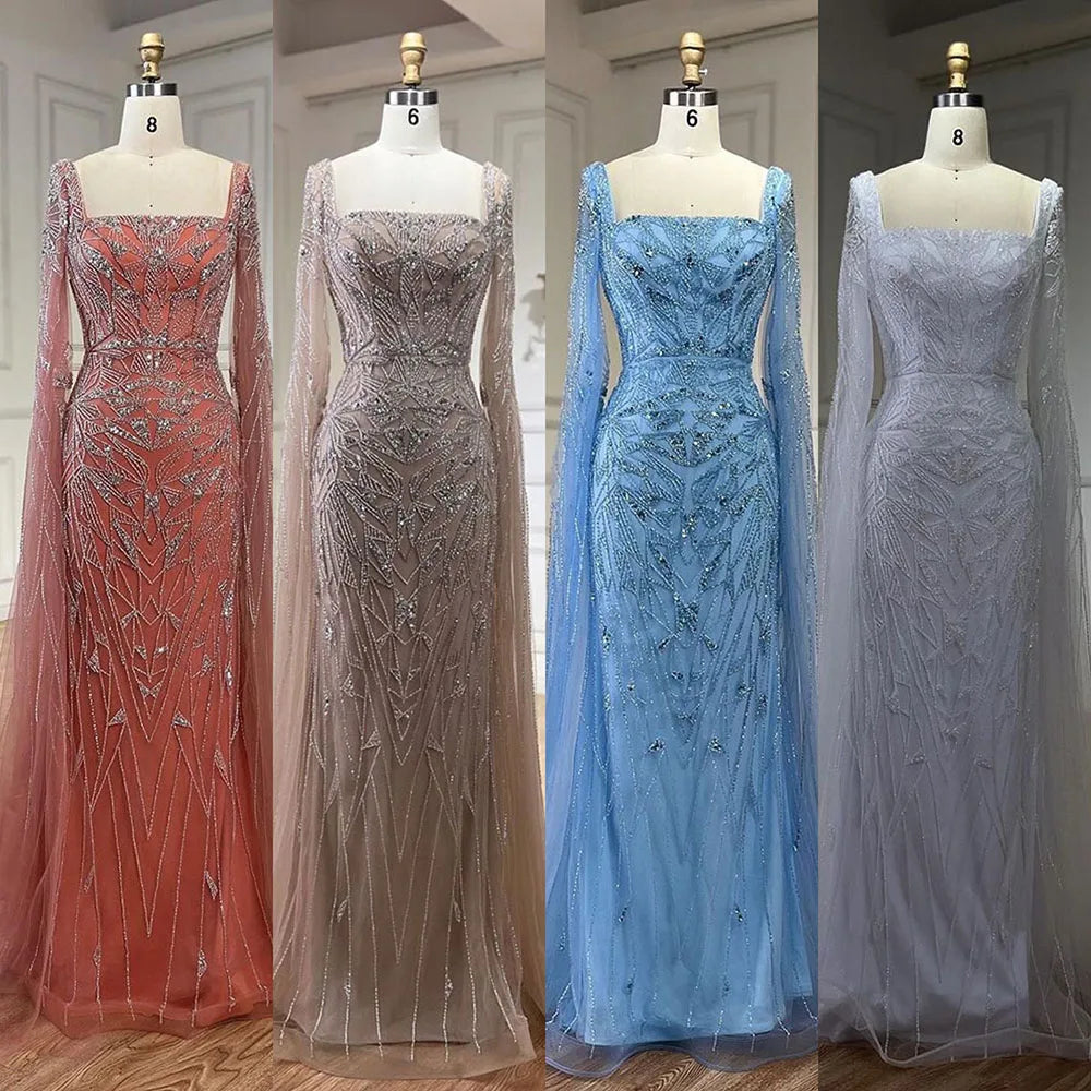 Serene Hill Arabic Pink Cape Sleeves Mermaid Dubai Evening Dresses Beaded Luxury Wedding Party Gowns For Women 2024 LA72261