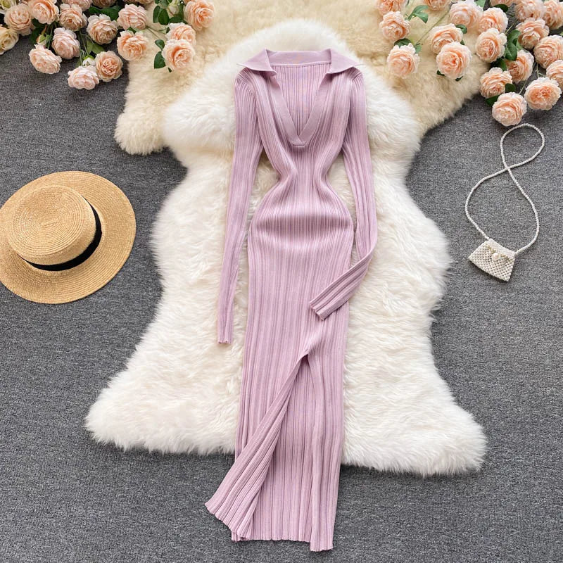 Women Chic Elegant Long Sleeve Split Bodycon Midi Dress Sexy French Fashion Knit Wrap Vestidos Elastic Slim Pencil Sweater Dress