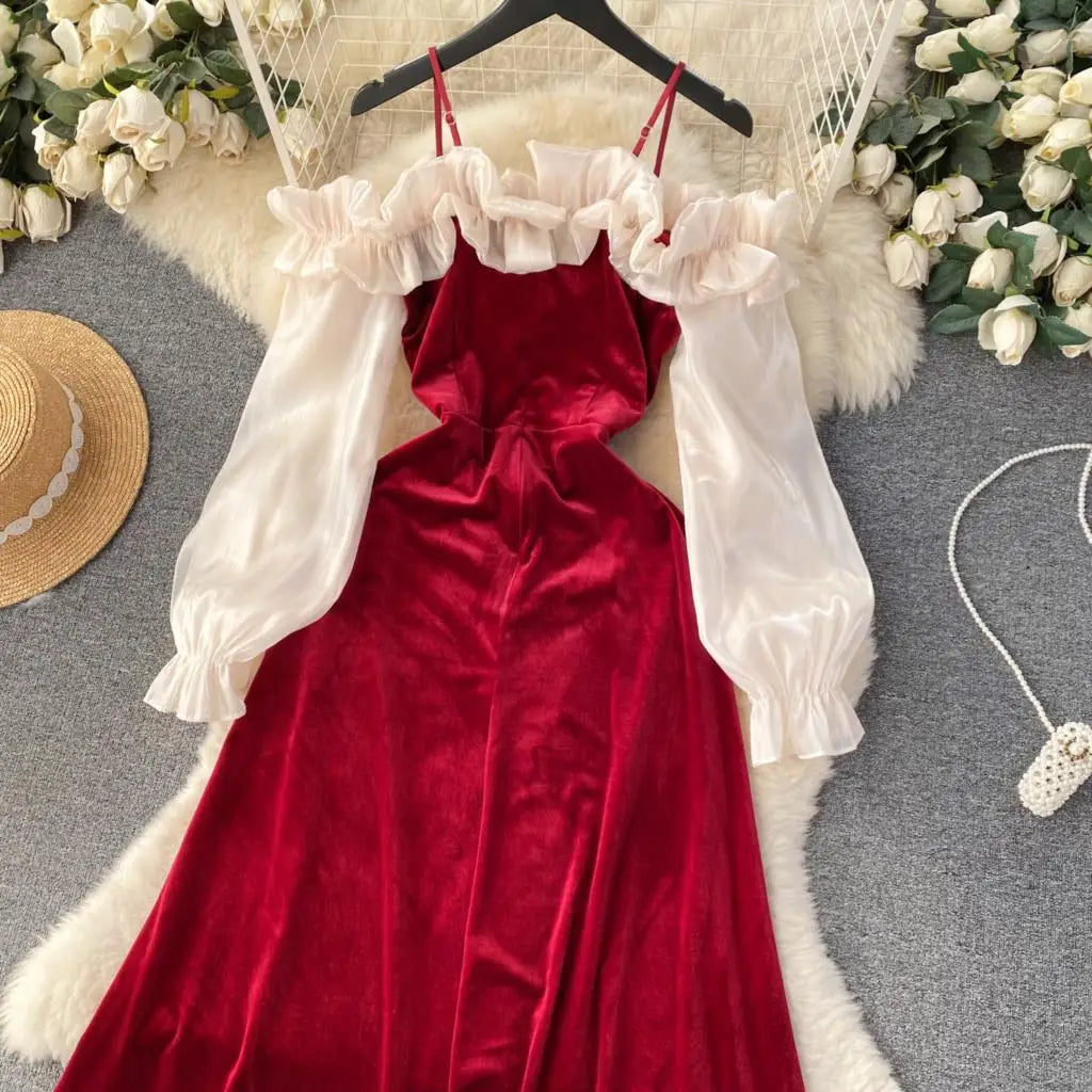 Sexy Bodycon Off Shoulder Party Dress Women Ruffles Velvet Patchwork Elegant Lady Fashion Prom Robe A-Line Vestidos Mujers New