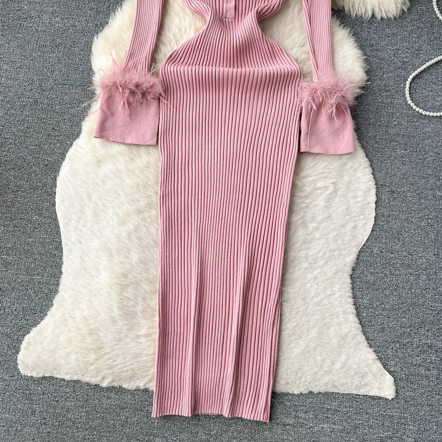 Elegant Turn-down Collar Feather Long Sleeve Knit Bodycon Pencil Dress Slim Fashion Sweater Vestido Sexy Women Winter Clothing