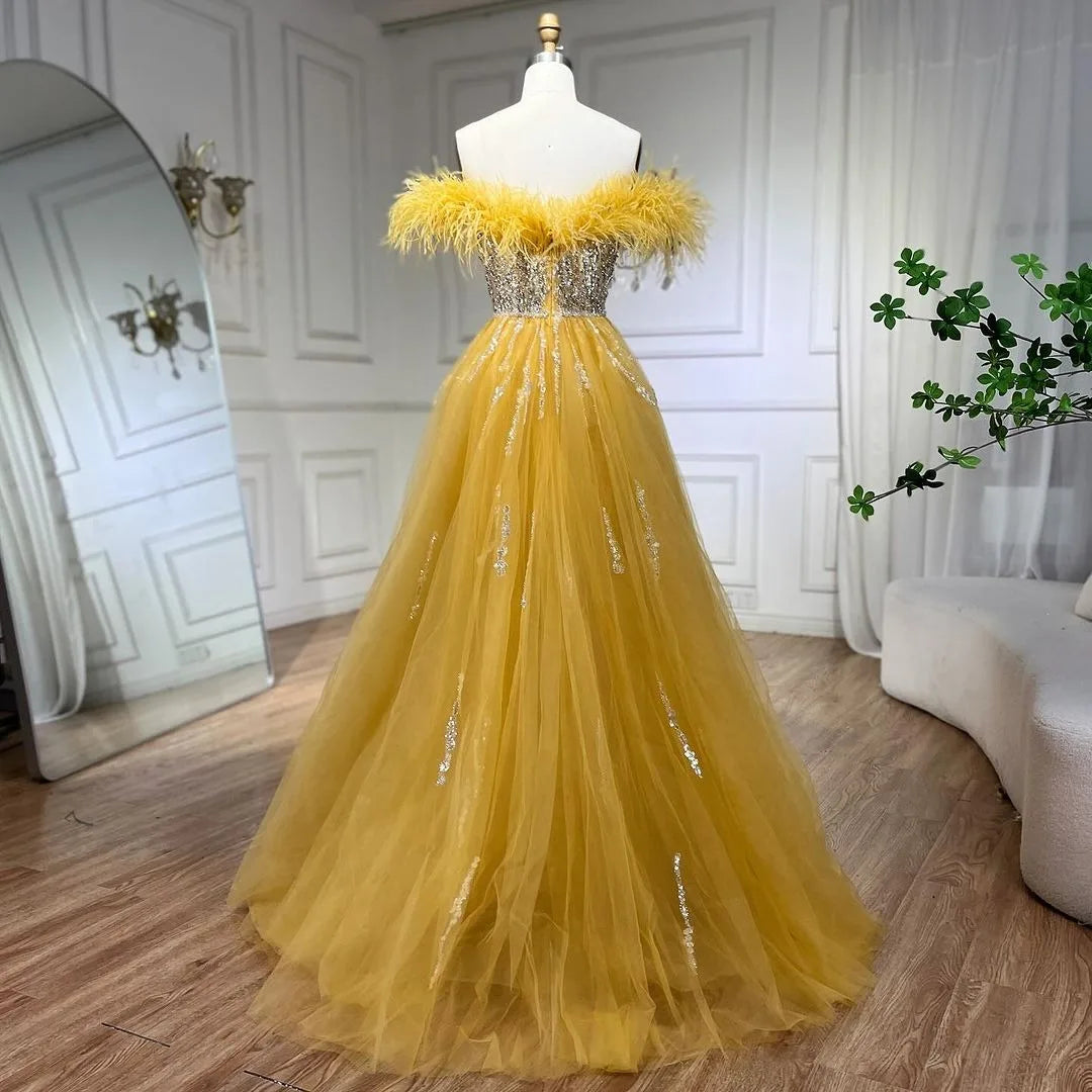 SERENE HILL 2024 Blue Feather Mermaid Luxury Beaded Evening Dresses Overskirt Formal Pink Gowns For Women Wedding Party GLA72061