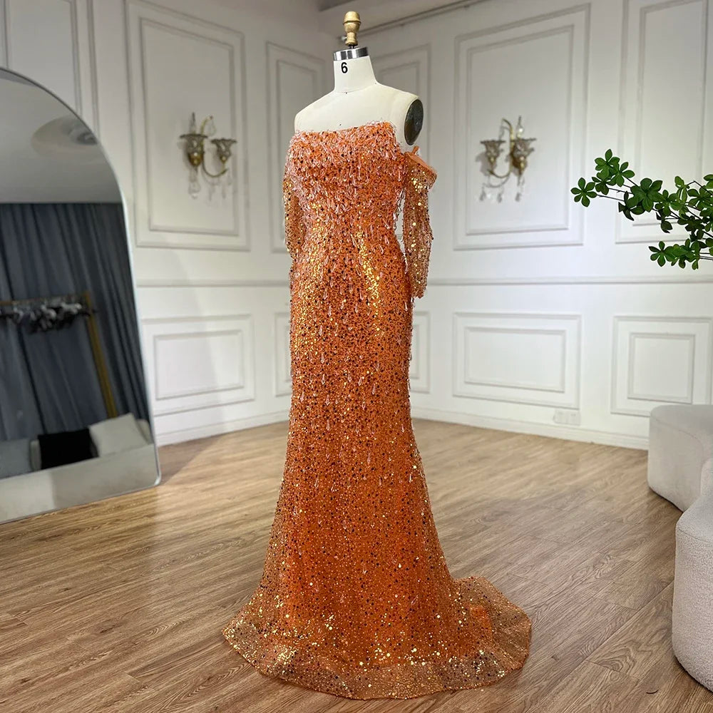 Serene Hill Arabia Orange Mermaid Strapless Luxury Beaded Crystal Evening Dresses Gowns for Women Wedding Party 2024 GLA72402