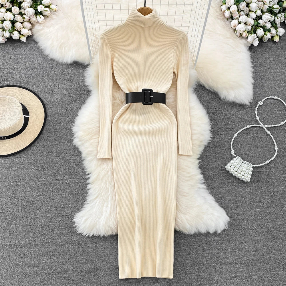 Elegant Turtleneck Long Sleeve Knit Soft Tight Pencil Dress with Belt Slim Fashion Warm Sweater Vestido Sexy Women Winter Robe
