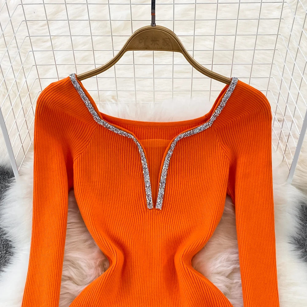 Chic Elegant Glitter V Neck Long Sleeve Elastic Bodycon Dress Sexy Fashion Knit Pencil Vestidos Slim Autumn Winter party robe