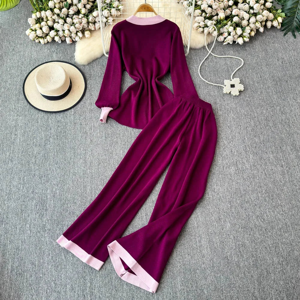 Chic Women Two-Piece Sets Long Lantern Sleeve Chic Bandage O-neck Slim Top and High Waist Wide Leg Pants Korean Casual Clothing