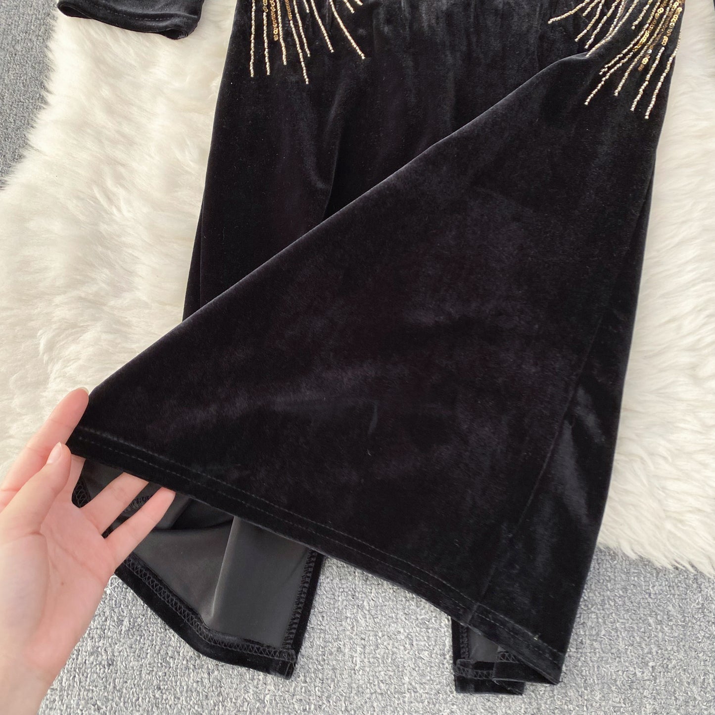 Chic Elegant Long Sleeve O Neck Rhine Stone Sequin Velvet Dress Sexy Vestidos High Waist Women Autumn Ceremonial Dress