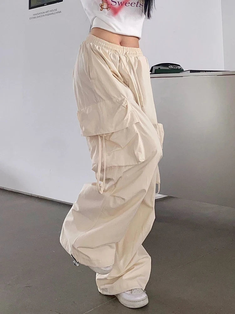 Women's High Waist Cargo Pants with Multiple Pockets Trendy Solid Color Streetwear Y2K Spring Autumn New Loose Wide Leg Trousers