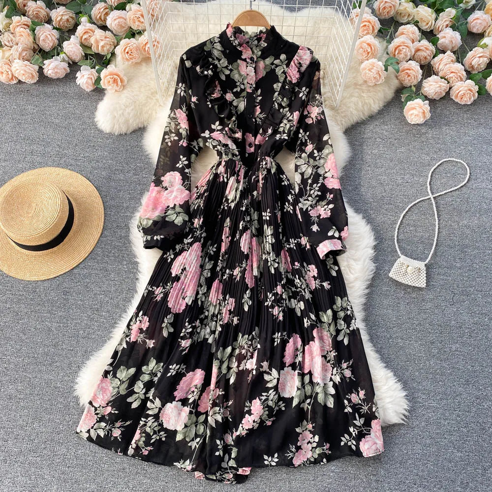 Retro Floral Print Pleated Elegant Chiffon Maxi Dress A-line Fashion Beach Vacation Party Dress Women Summer Spring Vestidos