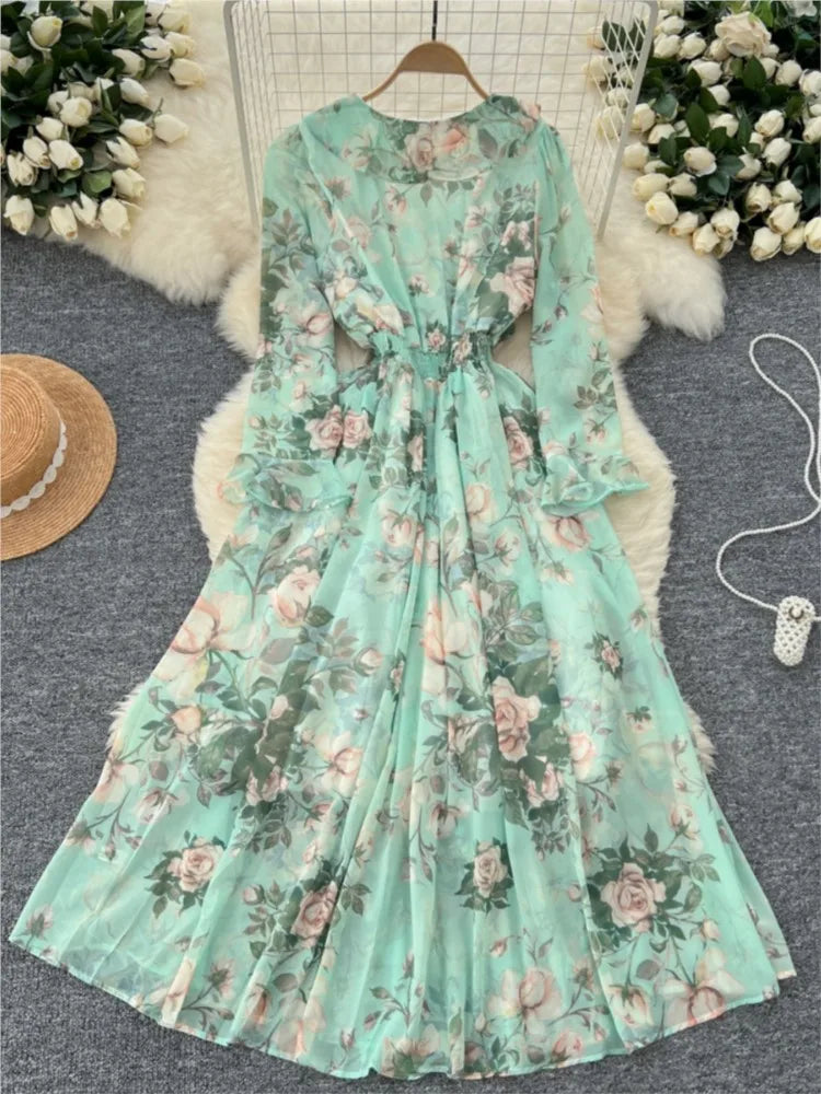 Women Elegant Floral Print Dress for Women Vintage V-Neck Long Sleeves Chiffon Slim A-Line Vestidos Mujer Autumn Female Clothes