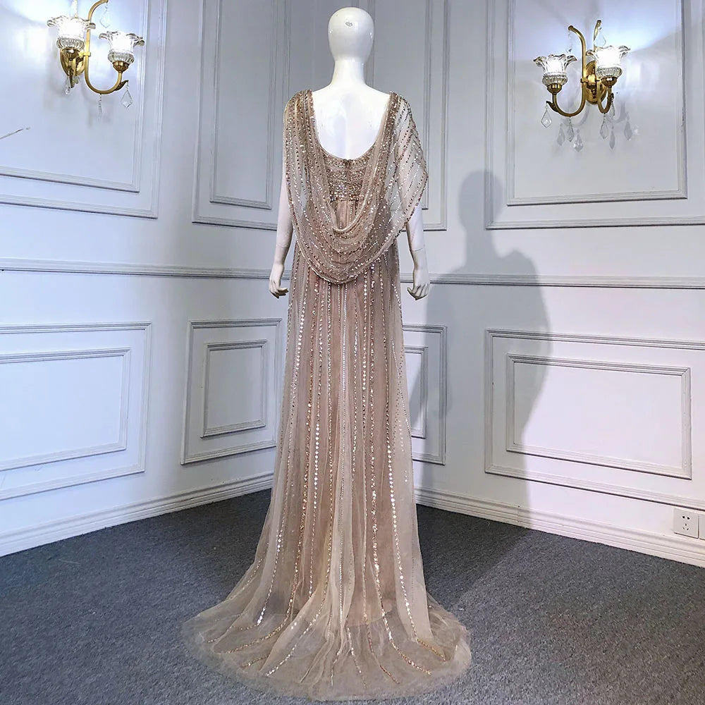 Luxury Champagne Split Evening Dresses 2024 Diamond Beaded Sleeveless Mermaid Formal Serene Hill LA70301