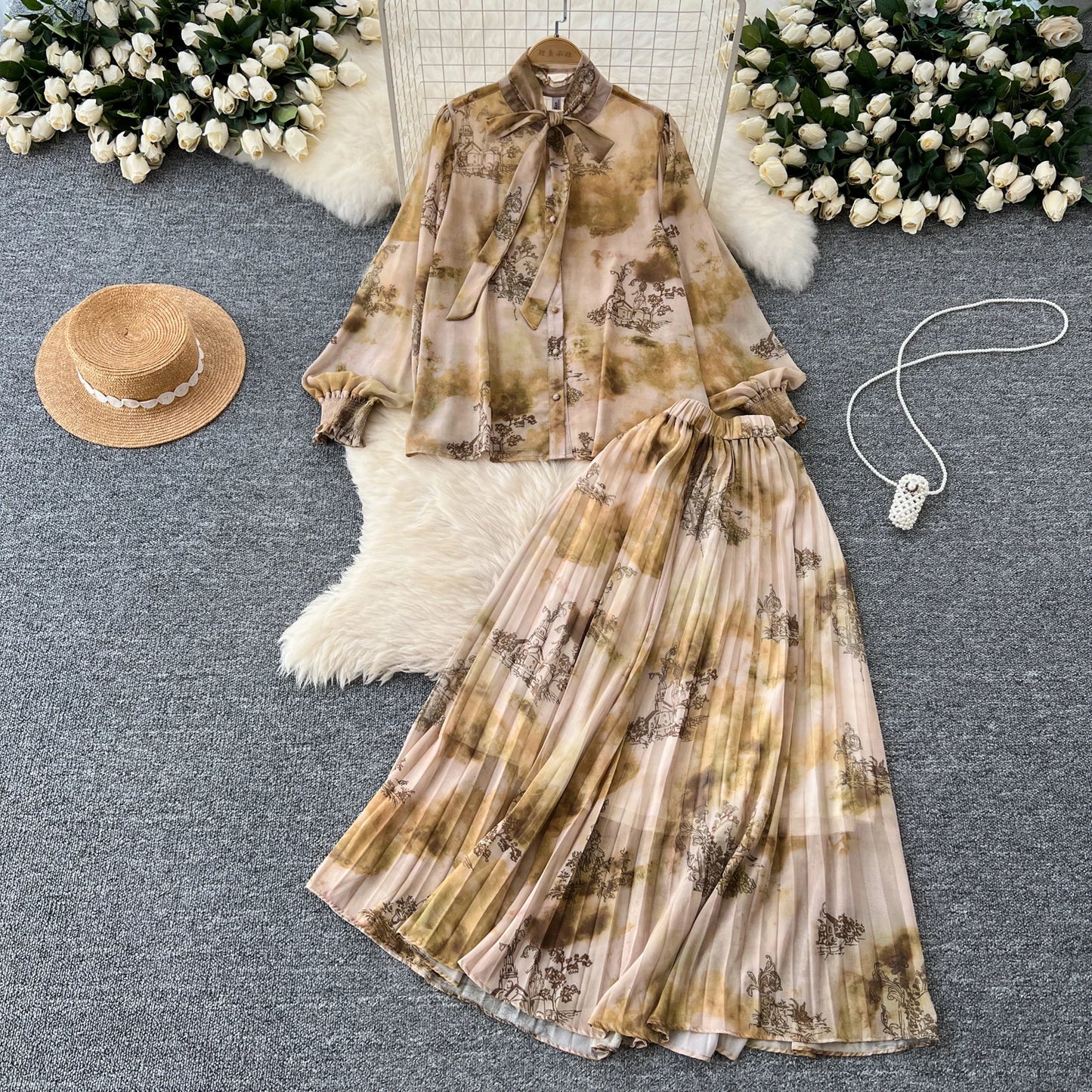 Women Chic Print Sweet Two Pieces Sets Bow Lantern Long Sleeve Top High Waitst Wide Skirt Fashion Summer Sets