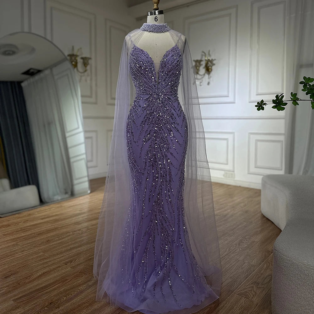 Serene Hill Spaghetti Strap Long Cloak Mermaid Caramel Beaded Luxury Evening Dresses Gowns for Women's Party 2024 LA72768