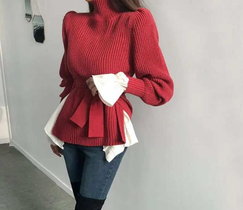 Elegant Half High Collar Strap Waist Tight Fit Design Fashionable Long Sleeve Sweater Women's Autumn/Winter New Warm Sweaters