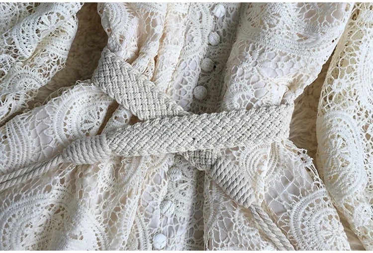 French Vintage Lace Dress Women Elegant Lantern Sleeve Party Long Dress with Belt ladies Slim A-line Spring Autumn Long Robe