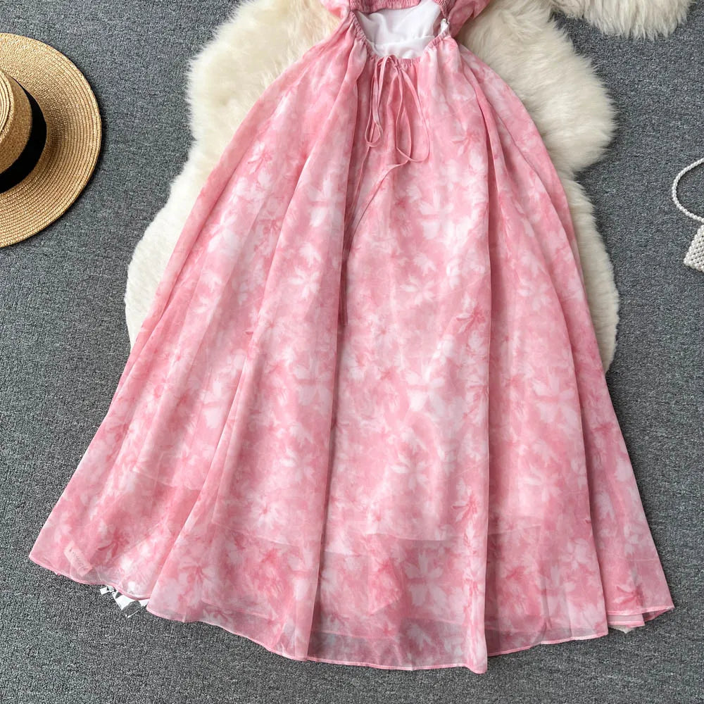 Women Pink Beach Dress Summer Sleeveless Hollow Out High Waist A-line Floral Printing Chiffon Dresses Ladies Casual Long Robe