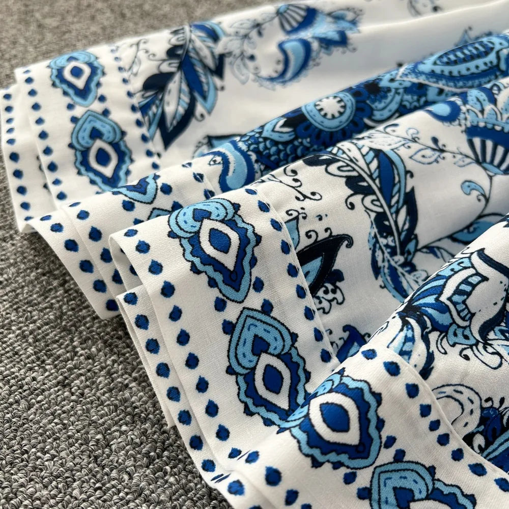 Vintage Print Elegant V-eck Single Breasted Lantern Long Sleeve Dress A-line Casual Women Fashion Summer Spring Vestidos