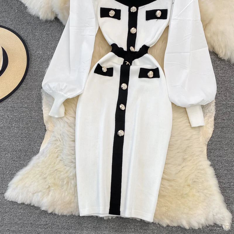 Vintage Elegant Patchwork Square Neck Long Sleeve Knit Dress Casual Women Fashion High Waist Summer Spring Hip Wrap Dress