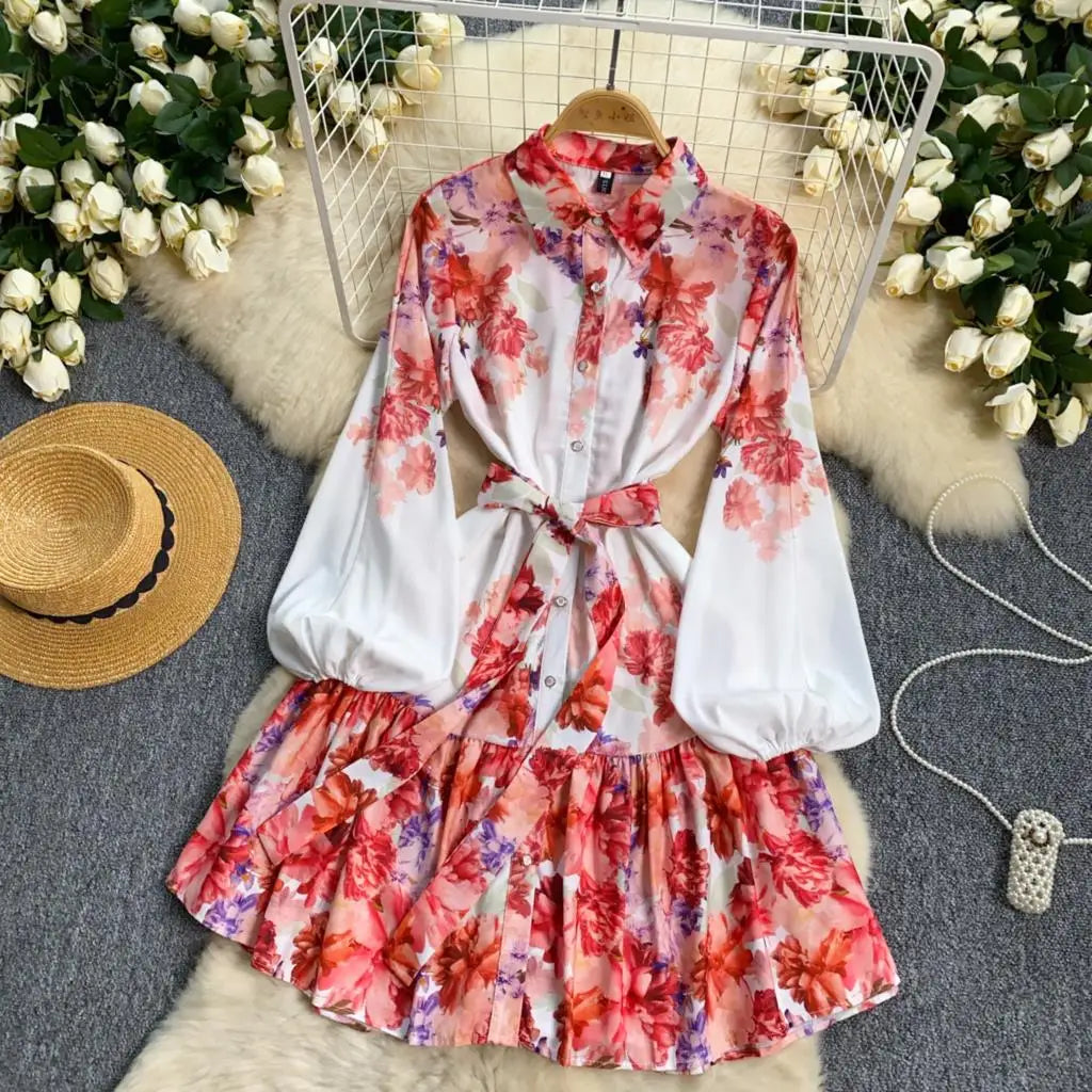 Elegant Casual Women Pleated Print Mini Dress Vintage Lace-up Lantern Sleeve Ruffles Short Dresses Female Party Clothes Robe