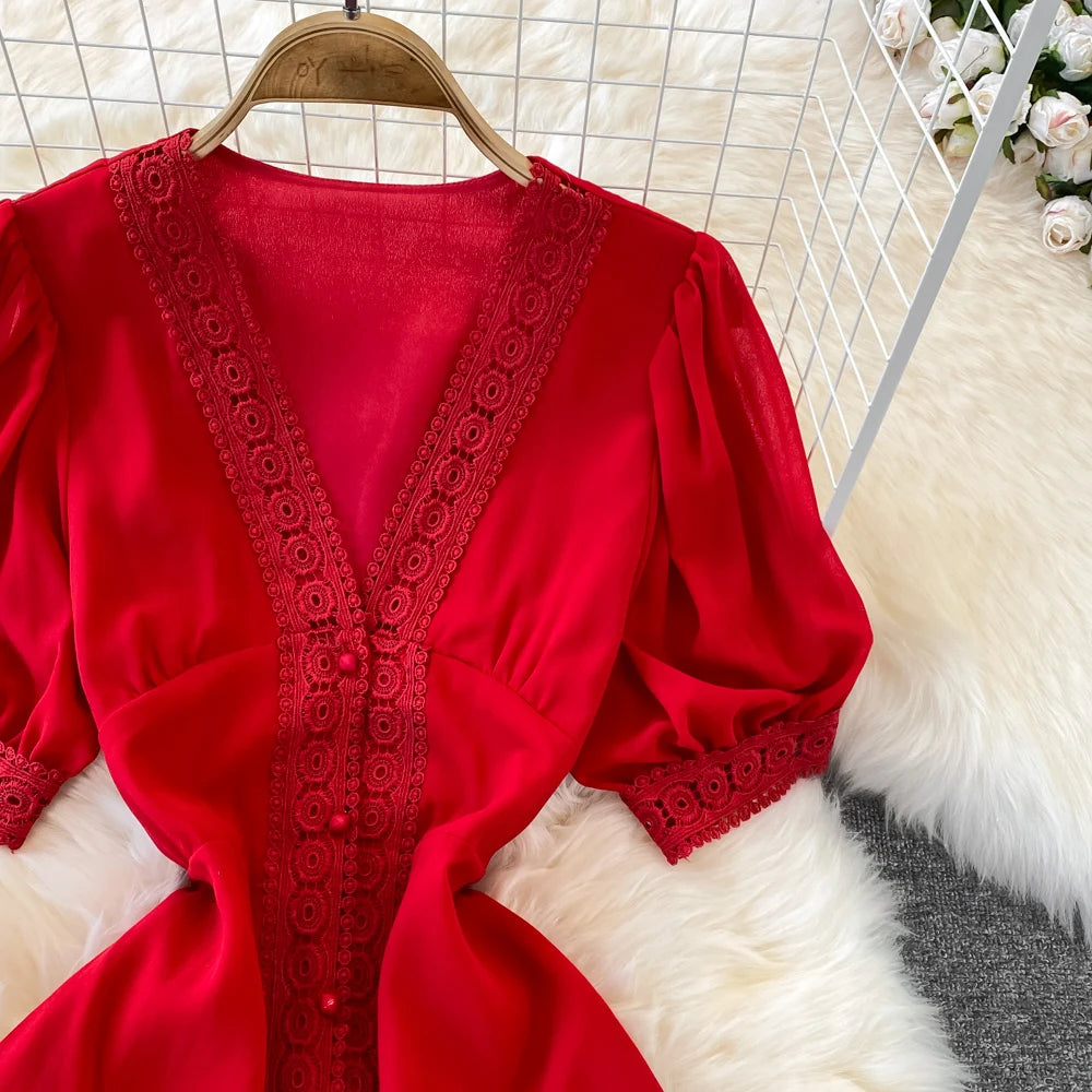 New Women Vintage Party Dress Summer Puff Sleeve Sexy V Neck Lace Single-breasted Long Dresses Ladies A Line Elegant Long Robe