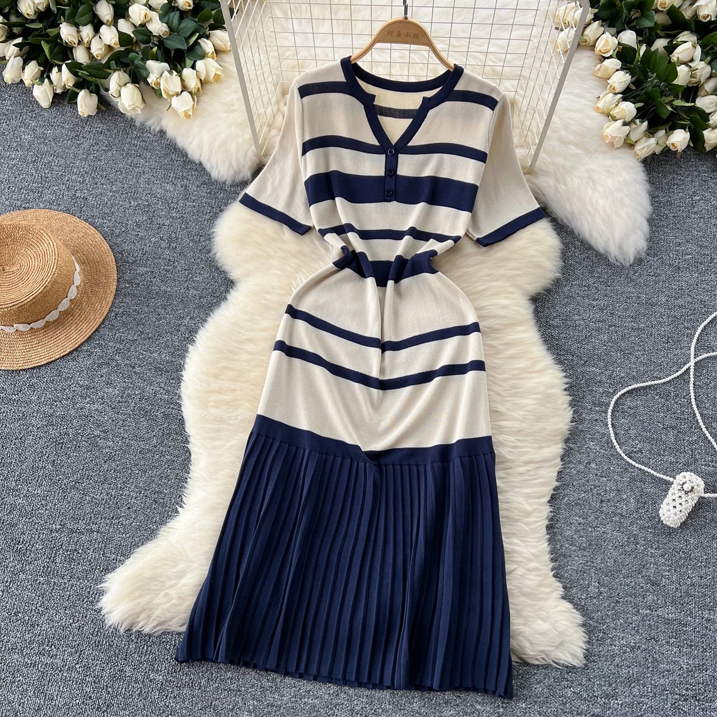 Sexy Chic short sleeve PATCHWORK v-Neck Striped Knit Dress Elegant Fashion Party Slim Summer A-line sweet dresses