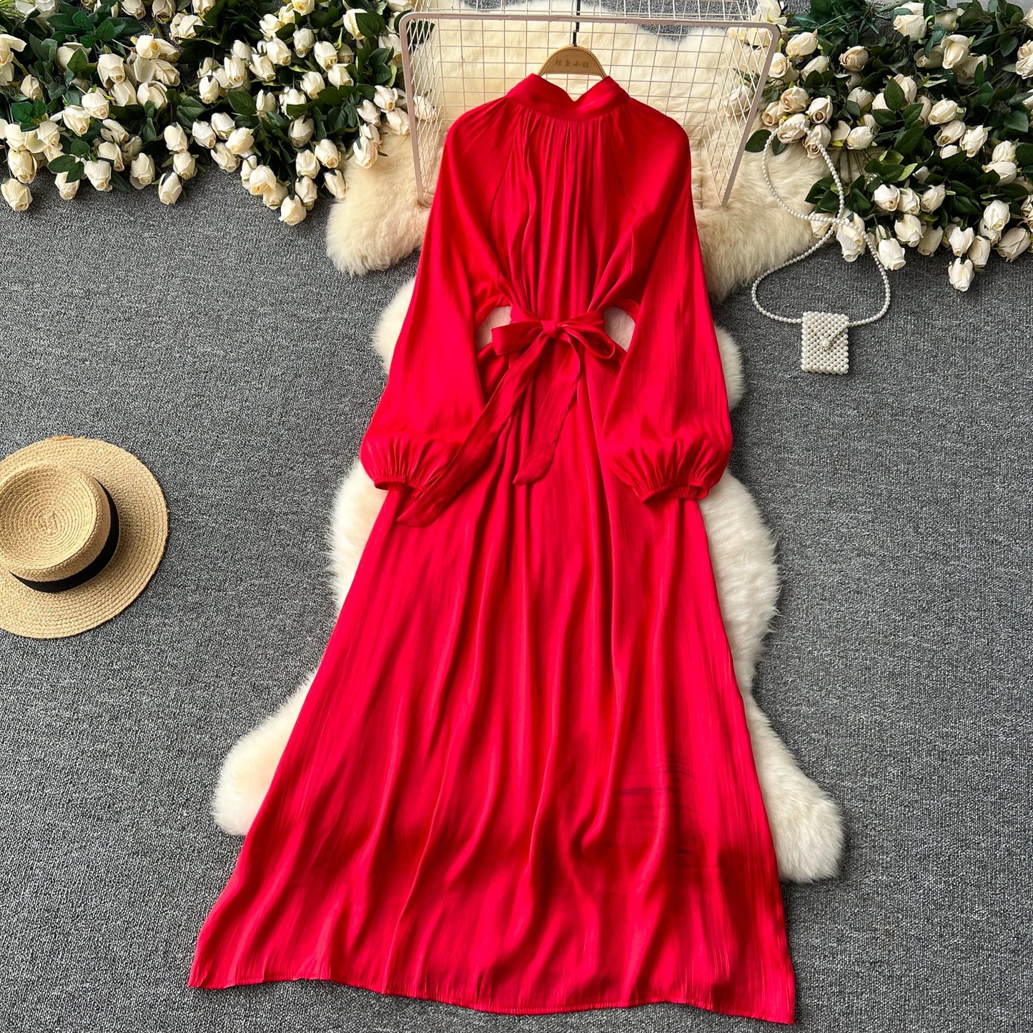French Vintage Pleated lool sleeve print Lace-up Bow sweet Dress Casual Women Fashion summer dresses
