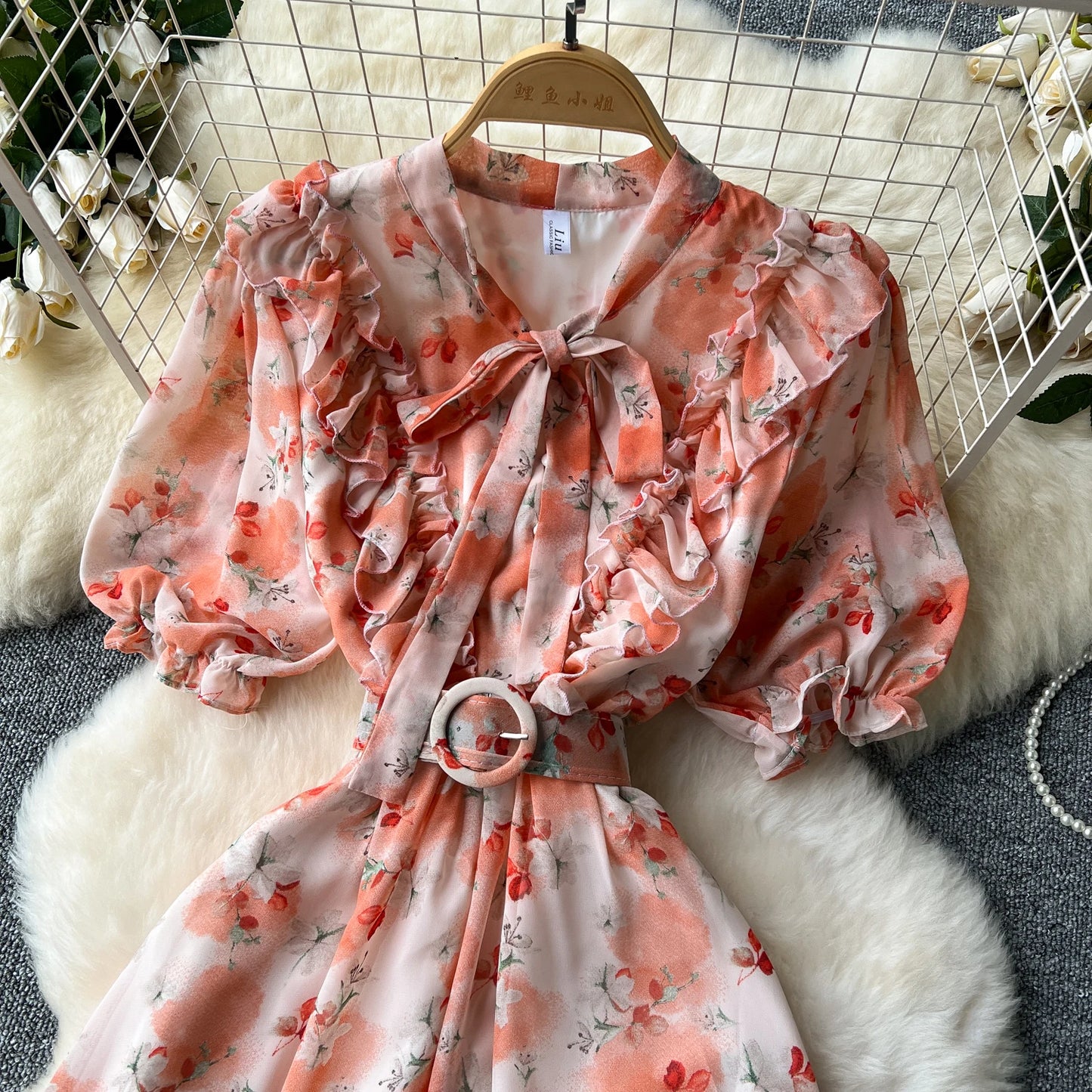 French Vintage Ruffle print chiffon Bandage Bow Puff Sleeves short Sleeves Dress Casual Women Fashion summer dresses