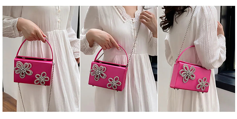 Light Luxury High-Grade Women Chain Crossbody Bag Korean Design Sense Diamond Flower New Pop Handbag Fashion Box Mini Square Bag