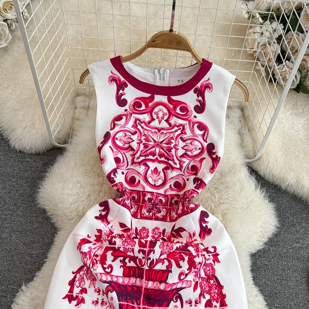 New In Dresses Summer Clothes For Women 2023 Fashion Elegant Vintage Print Party Dress Round Neck Sleeveless A Line Mini Dress