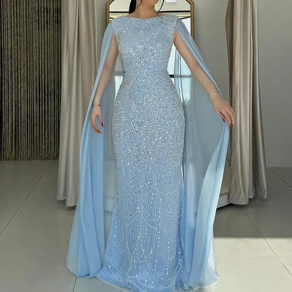 Serene Hill 2024 Saudi Arabia Blue Mermaid Cape Sleeve Luxury Beaded Evening Gown for Formal Occasion LA72160A