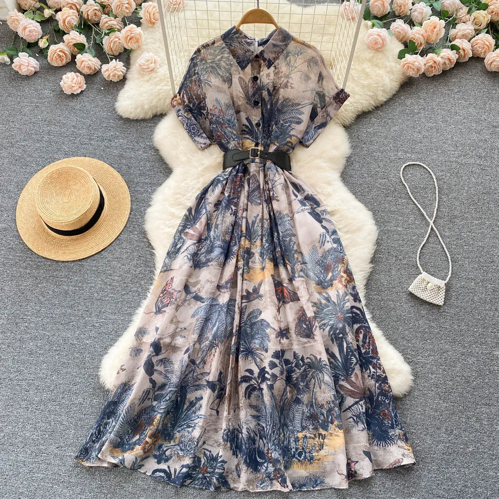 2022 Women Vintage Party Dress Summer French Elegant Print Dress Ladies High Waist Retro Single Breasted Belt Casual Long Dress