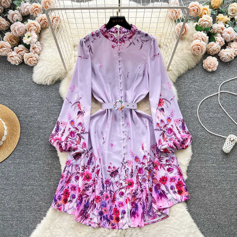 Spring Dresses 2024 Women Clothing Long Sleeve Party Elegant Dress With Belt Stand Collar Vintage Floral Print Holiday Dress