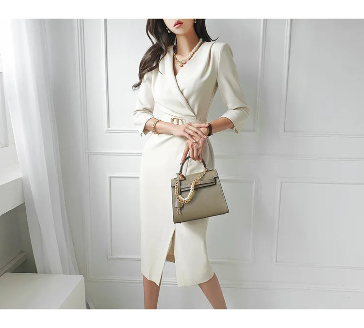 Commuting Style V-neck Mid length One Step Dress with Belt Autumn New Office Women's Slim Fit Waist Closing Beige Split Dresses