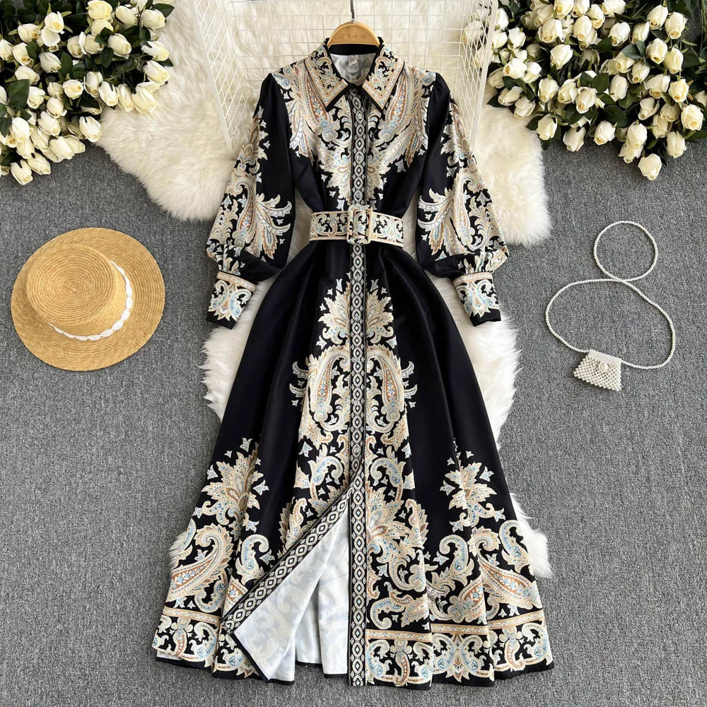 Retro Printed Party Dress Women Polo Collar Long Sleeve Elegant Long Dresses Spring Autumn French Single Breasted Shirt Dress