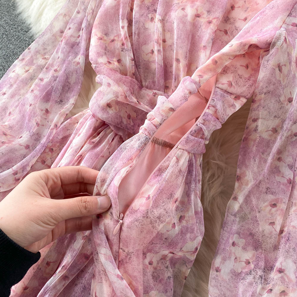 Vintage Floral Print Pleated Elegant Puff Sleeve Dress A-line Chiffon Beach Vacation casual Dress Women Summer Spring Vestidos