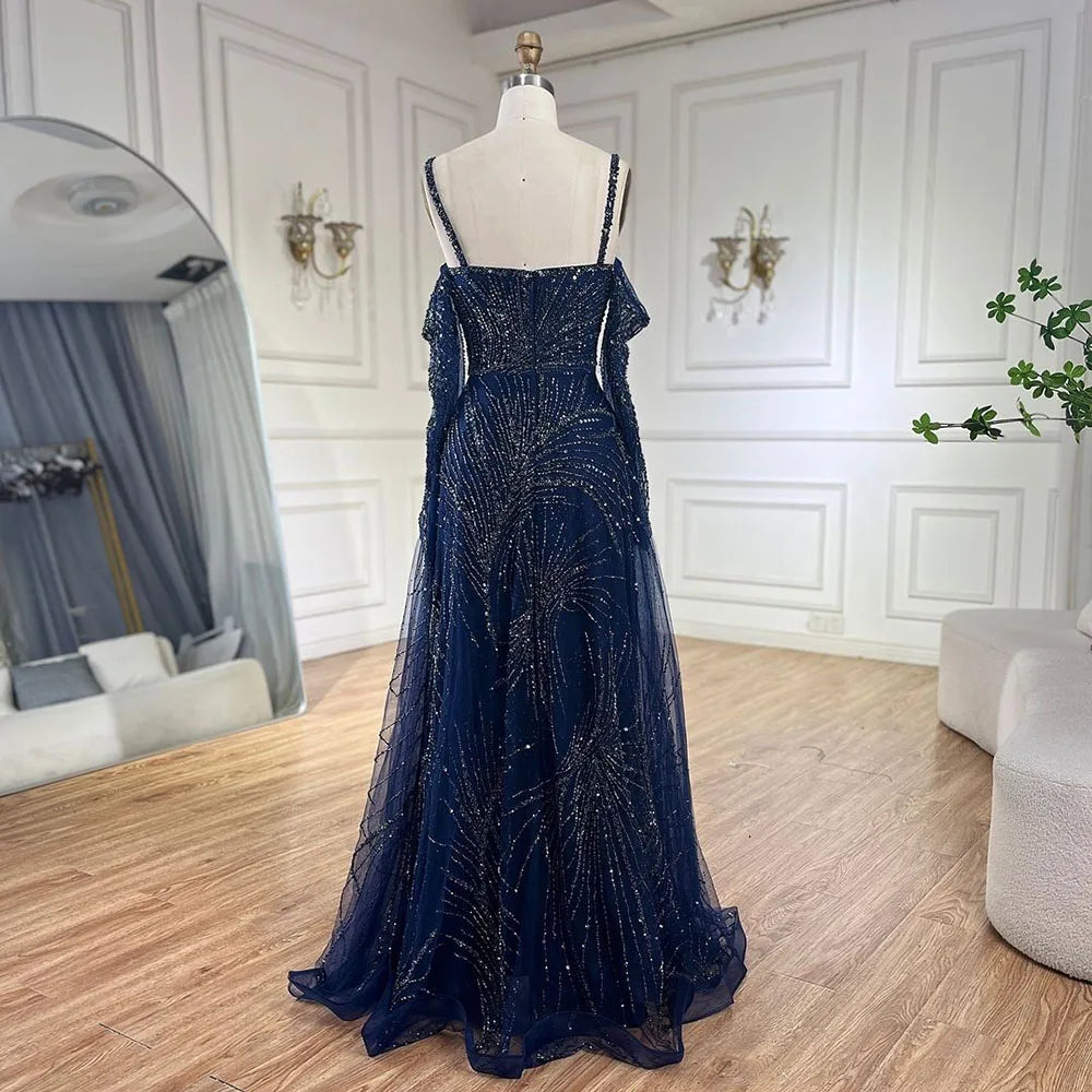 Serene Hill Arabic Navy Blue Spaghetti Strap Mermaid Beaded A-Line Elegant Long Evening Dress for Women Party 2024 LA72469