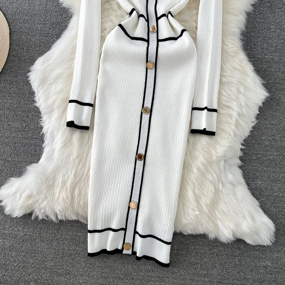 Women Elegant Bodycon Slim Party Knitted Dress Long Sleeve O-Neck Vintage Chic Prom Birthday Vestidos Autumn Female Long Robe