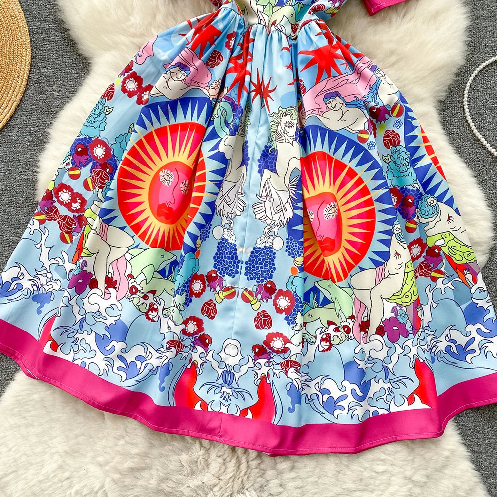 Fashion Vintage Print Summer Dresses For Women 2024 Round Neck Short Sleeve Mini Dress Elegant Party Dresses Womens Clothing
