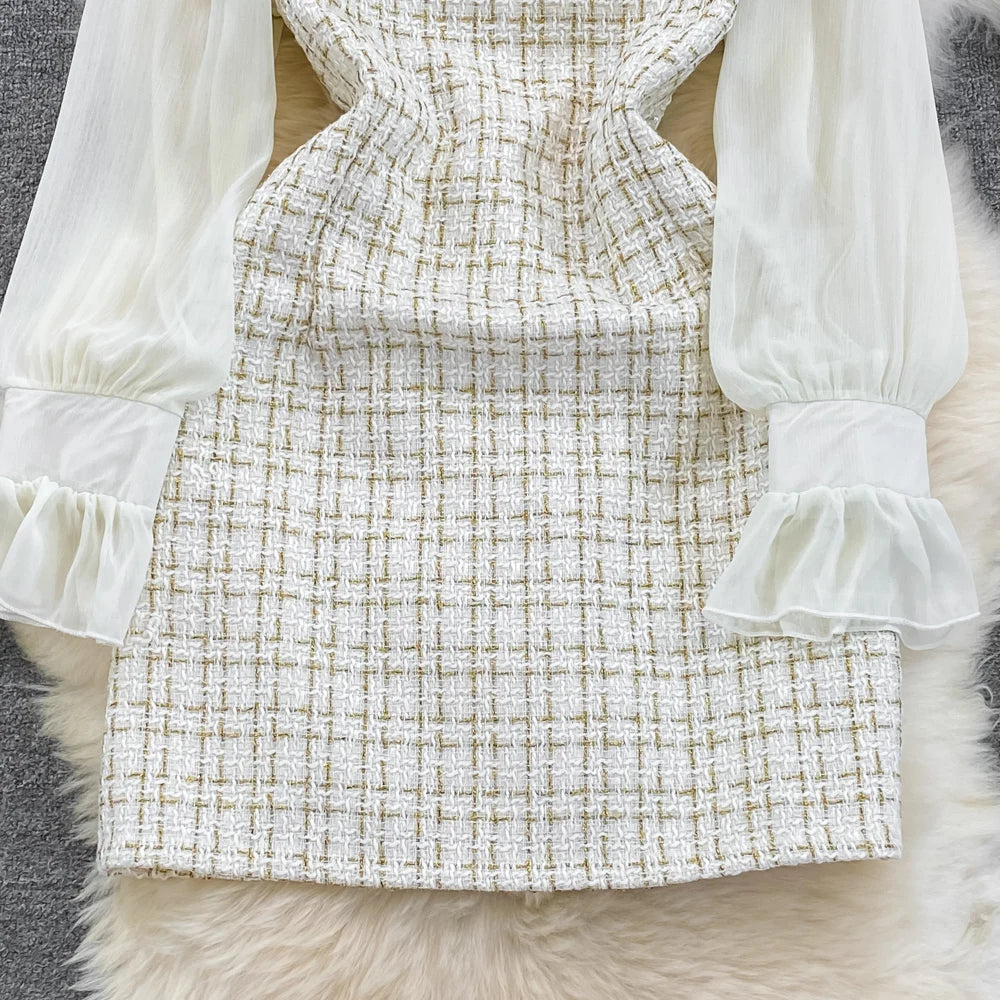 Autumn Fashion New Women Tweed Plaid Mini Dress Elegant Chiffon Patchwork Long Sleeve Dresses Female Casual One Piece Clothes