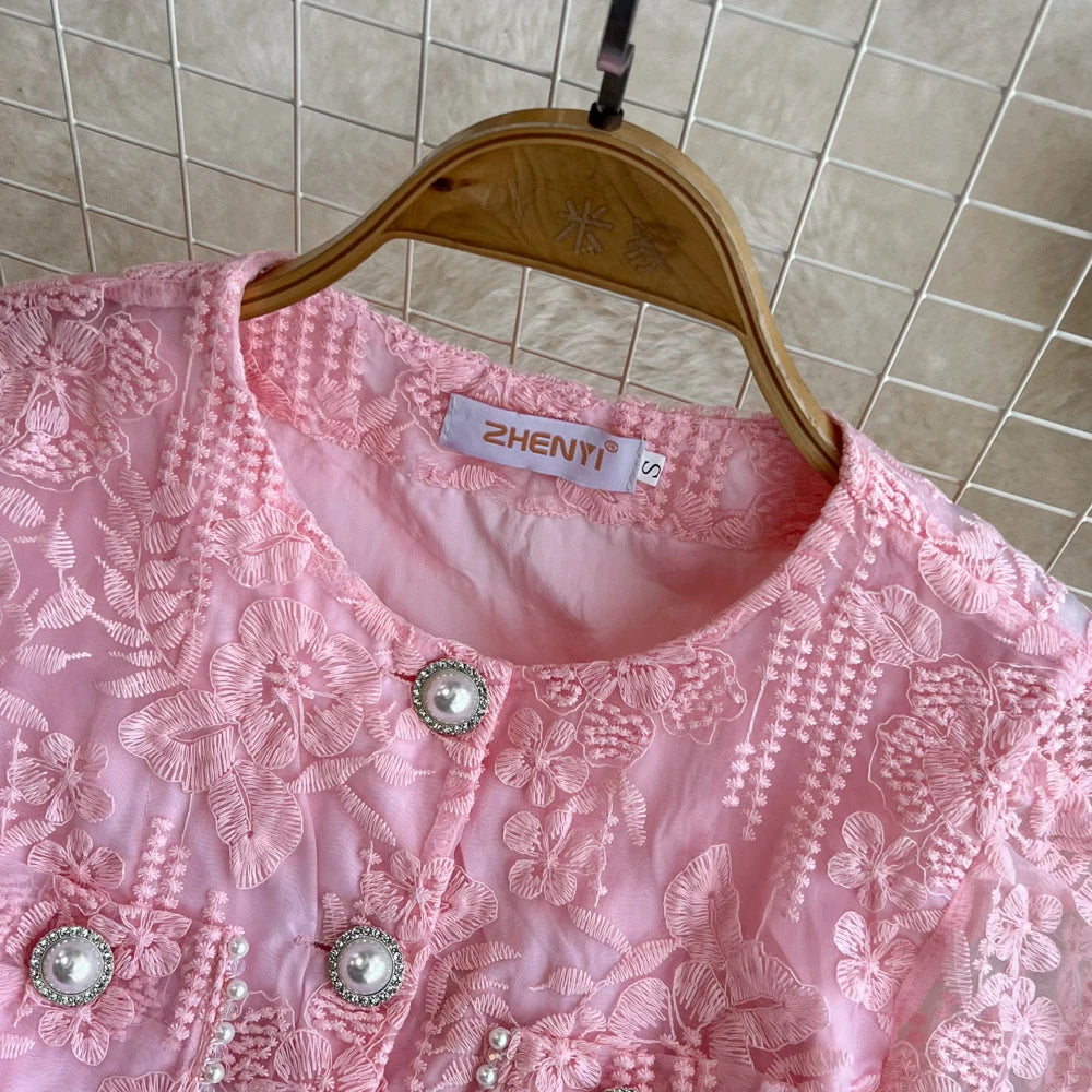 High Quality Floral Embroidery Two Piece Sets Women Suits Elegant OL Long Sleeve Shirt Mid Skirts 2 Piece Outfits Female