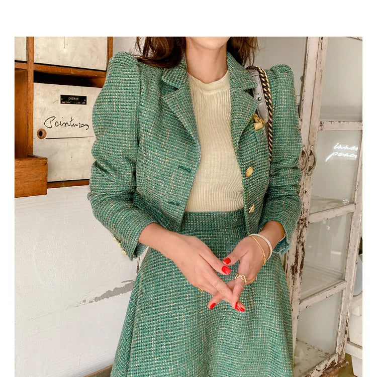 Elegant Temperament Two-Piece Set Tweed for Women Short Blazer Jacket +High Waist Swing Skirt Suits Green Korean Outfits
