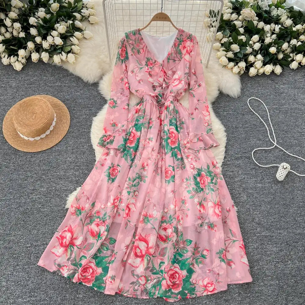 Women Elegant Floral Print Dress for Women Vintage V-Neck Long Sleeves Chiffon Slim A-Line Vestidos Mujer Autumn Female Clothes