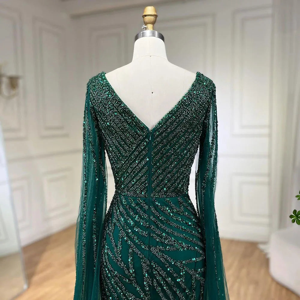 SERENE HILL 2024 Arabic Dubai Caramel Mermaid Luxury Beaded Evening Dresses Cape Sleeves Gowns For Women Wedding Party GLA71493A