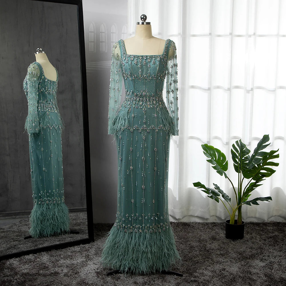 Serene Hill Muslim Turquoise Mermaid Elegant Evening Dresses Gowns 2024 Luxury Beaded Feather For Women Party LA71722