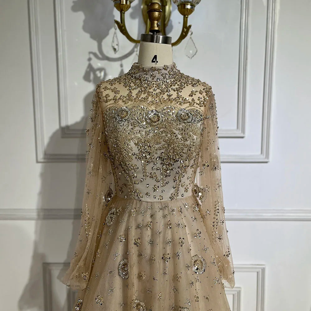 Serene Hill Muslim Nude A-Line Beaded Luxury Elegant Dubai Long Evening Gown for Women - Wedding Party 2024 LA72594