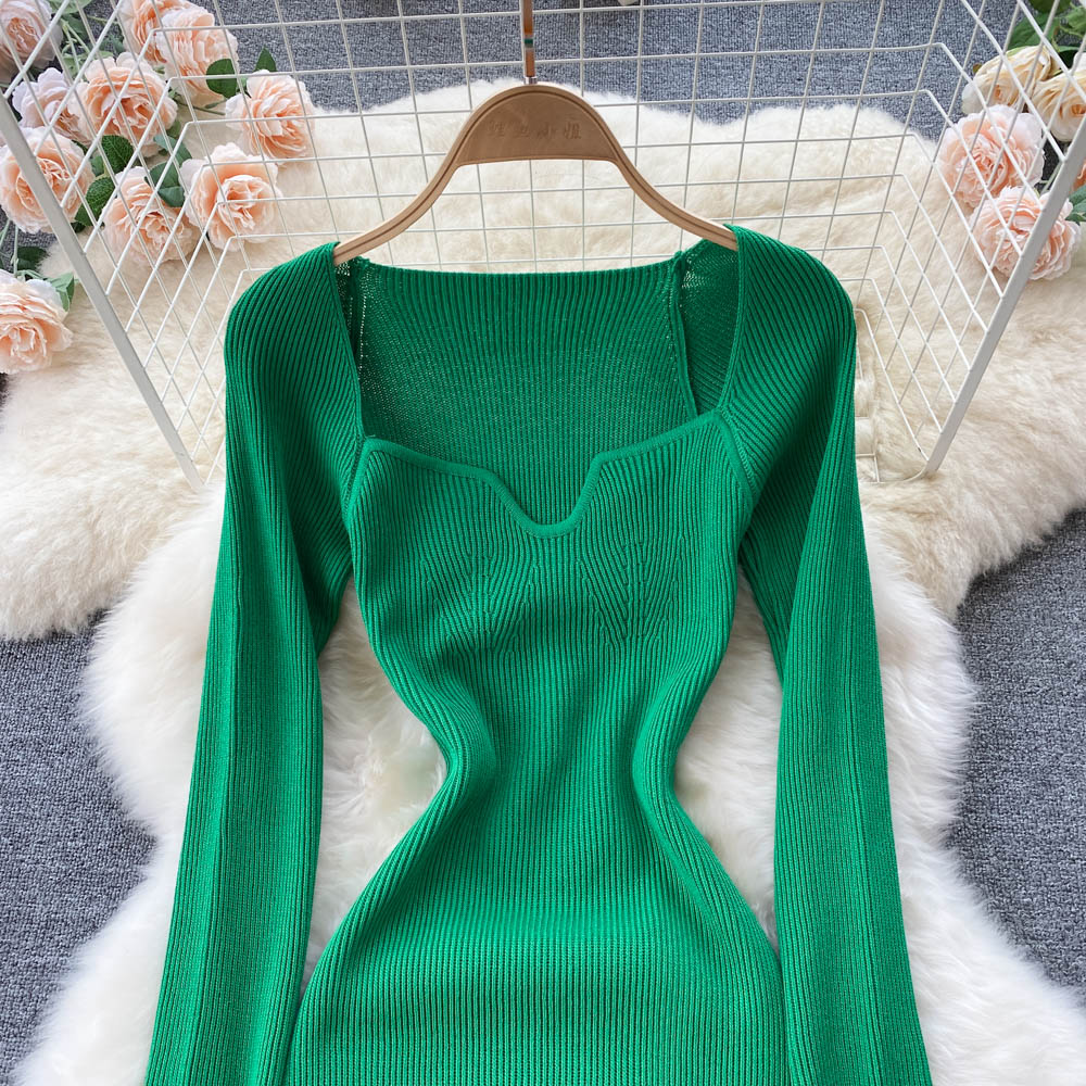 Women Long Sleeve Sexy Bodycon Dress with slit Vintage French Fashion Knit v neck Vestidos Basic Tight Elegant Slim Chic Dresses