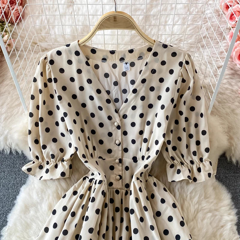 New Summer Women's Fashion Vintage Polka Dot Midi Dress Elegant and Chic A-Line Party Casual White Black Vestidos Female Robe