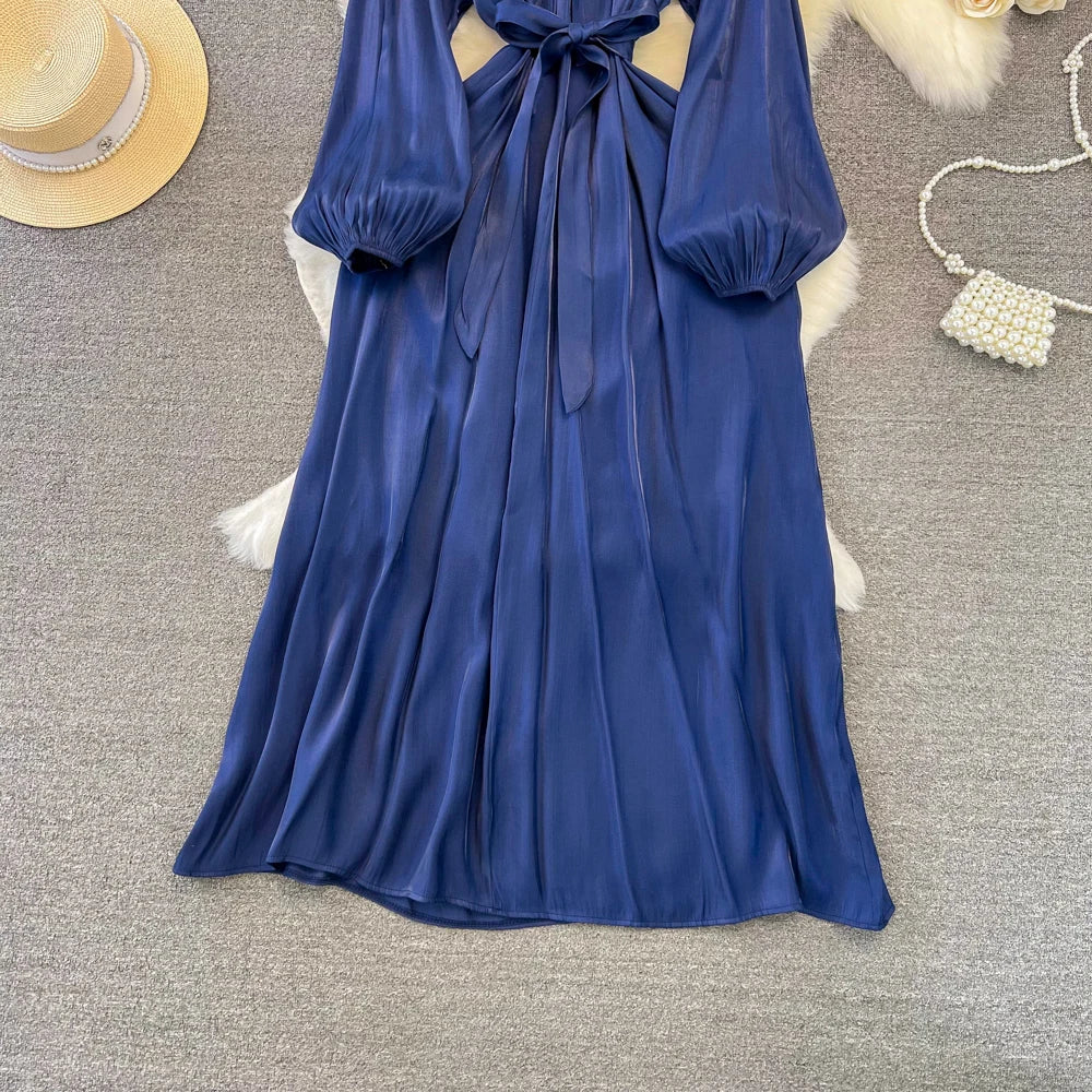 Autumn Elegant Women Fashion Party Long Dress Bow Lace Up Long Sleeve Evening Dresses A-Line Casual Vestidos One Piece Prom Robe