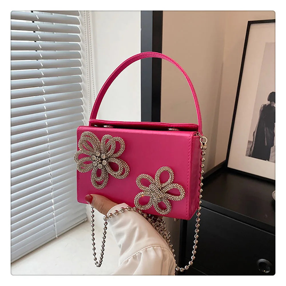 Light Luxury High-Grade Women Chain Crossbody Bag Korean Design Sense Diamond Flower New Pop Handbag Fashion Box Mini Square Bag